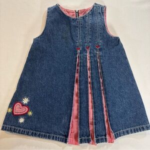 Vintage Faded Glory Denim Dress 24 Months Hearts & Flowers Embroidery Pleats EUC